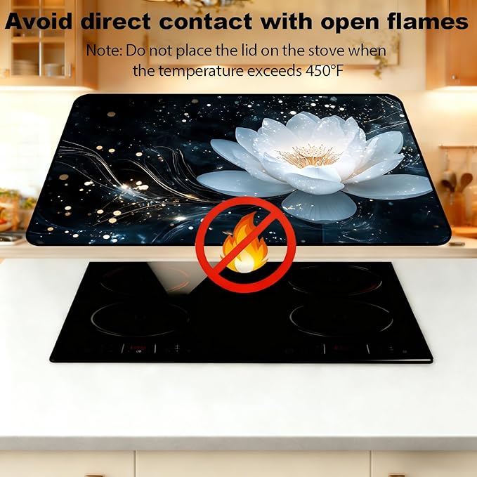 Glass Stove Top Covers for Electric Stove, Heat Resistant Counter Protector Mat, Non Slip Waterproof Surface Cover for Kitchen Counter and Cooktop (Night Lotus, 28"L x 20"W)