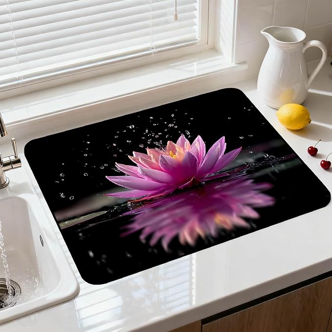Glass Stove Top Covers for Electric Stove, Heat Resistant Counter Protector Mat, Non Slip Waterproof Surface Cover for Kitchen Counter and Cooktop (Pink water lilies, 28"L x 20"W)