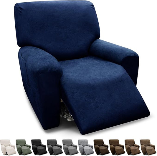 Chair Covers 4-Pieces Recliner Chair Covers 1 Seater Cover for Recliner Chair Leather Look Recliner Slipcovers with Pockets Spandex Fabric Furniture Covers(Recliner, Navy)