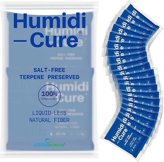Humidi-Cure 62% RH 2-Way Humidity Packs, Size 1.5g, 20 Packs, Moisture Absorbers for Storing 1/8 oz Herbs, Humidity Control Packs Preserving Aroma and Flavor with Liquidless Plant-Fiber, Salt-Free