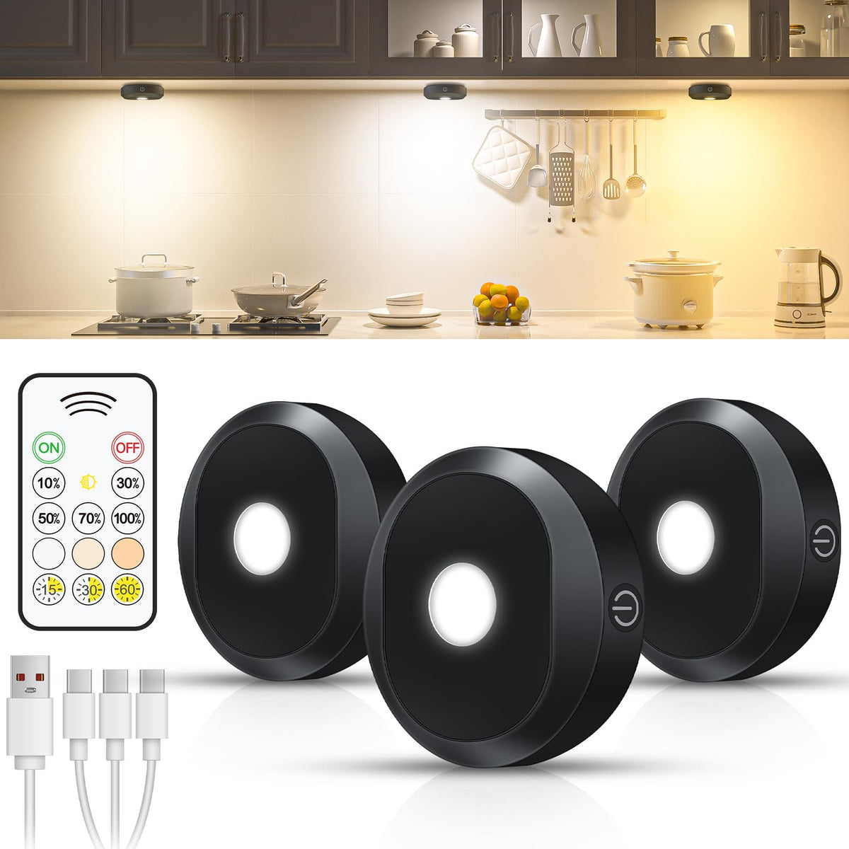 WILLED Puck Lights with Remote Control,3 Colors Under Cabinet - Image 1