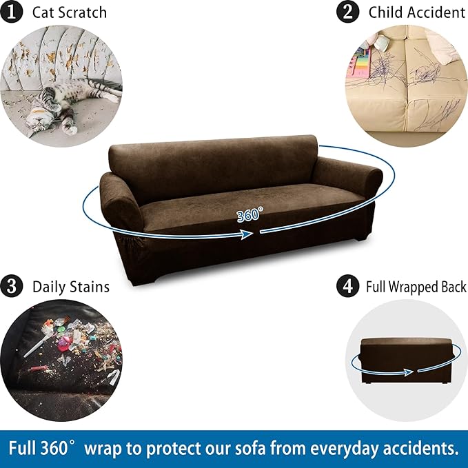 Oversized Sofa Slipcover Leather Look Couch Cover for 4 Seater Sofa 1-Piece Sofa Cover Stretch Furniture Protector with Elastic Bottom & Pockets(XL Sofa, Dark Brown)