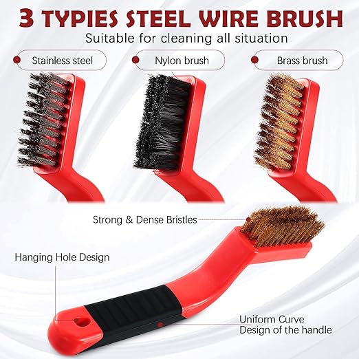 Sumind 15 Pcs Wire Cleaning Brush Set Nylon/ Stainless Steel/ Brass Metal Brush with Curved Handle Grip Paint Remover for Cleaning Rust Grout Cleaner (Nylon, Brass, Stainless Steel)