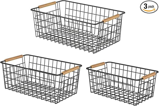 Wire Storage Baskets with Wooden Handles, 3 Pack Metal Organizer Baskets for Kitchen, Pantry, Freezer, Laundry,Farmhouse,Bathroom Baskets for Organizing,Black (1 Small, 1 Medium, 1 Large)