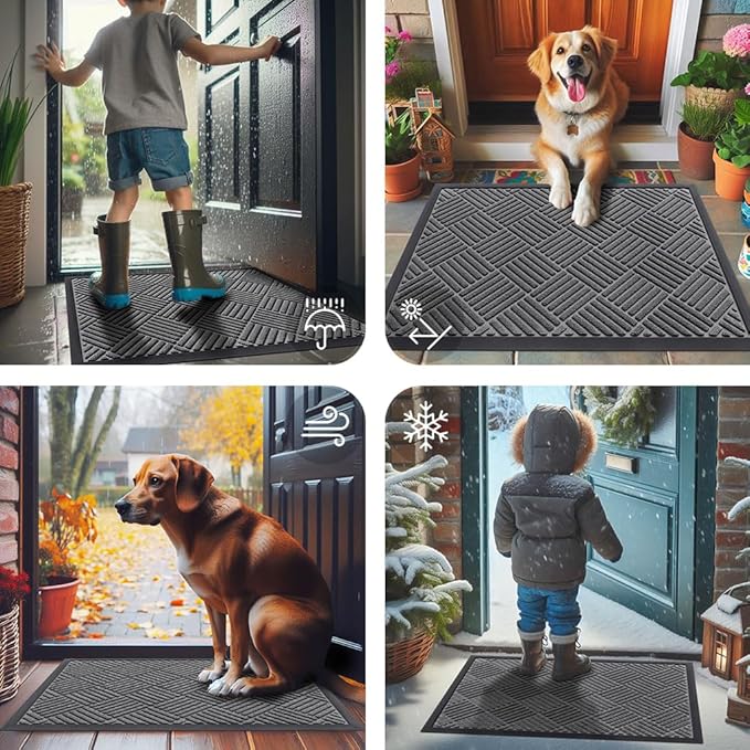 Smiry Front Door Mat Outside Entrance, Heavy Duty Outdoor Indoor Natural Rubber Doormat, Non Slip, Trap Dirt and Moisture, Easy Clean, Low Profile Patio Porch Entryway Mat, 47x23, Grey
