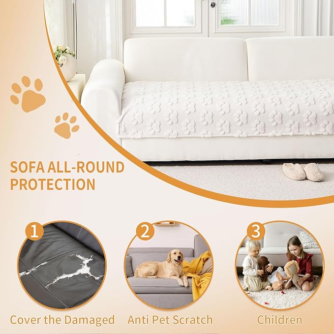 Waterproof Couch Cover for Dogs Washable,Fuzzy Pet Couch Covers for Sofa,Thick Soft Dog Mat Non-Slip Couch Covers for 3 Cushion Couch Sofa Pet Friendly (White, 35x62(1pc))