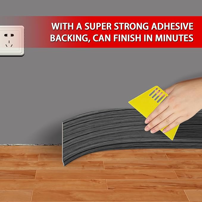 FONUNO Vinyl Wall Base Baseboard Molding Trim 4" Flexible Self Adhesive Rubber Wall Base Moulding Trim Peel and Stick Design, 4 Inch x 20 Feet, Dark Gray Wood Grain