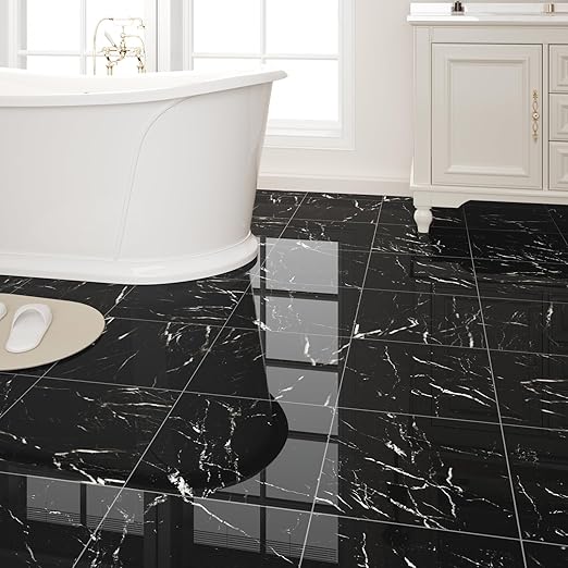 20-Pack Peel and Stick Floor Tiles Vinyl Floor 12 x 12 inch Self Adhesive Waterproof Flooring Planks DIY for Bathroom, Kitchen, Living Room, RV, Cover 20 Sq. Ft, Polish Black Marble