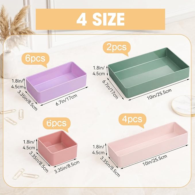 18 Pcs Drawer Organizer Stackable 4 Size Makeup Drawer Organizer Trays Acrylic Bathroom Vanity Storage Bins for Cosmetic, Jewelries, Office Supply, Kitchen Utensils(Multicolor,Glossy)