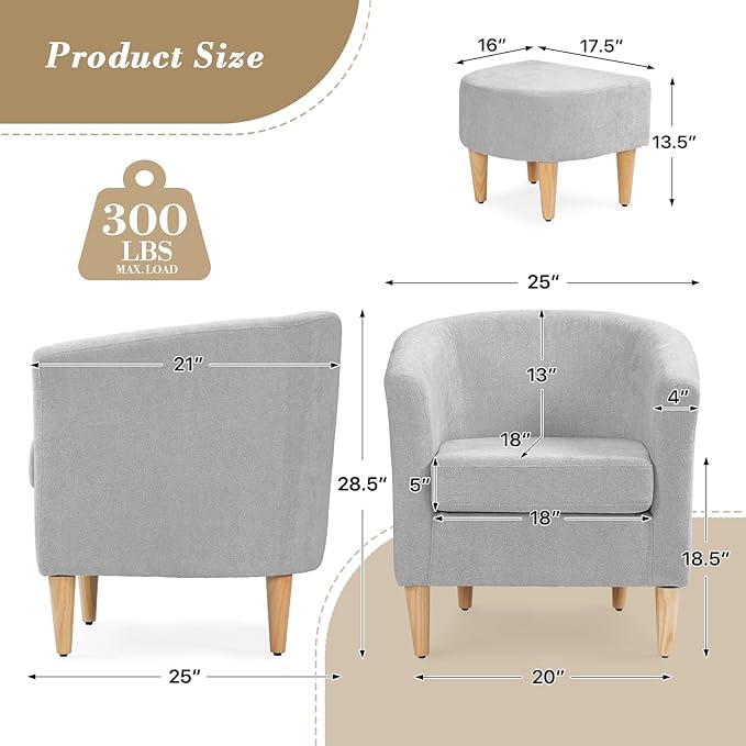 Athena Collection Modern Barrel Accent Chair with Ottoman, Furry Cozy Reading Arm Chair for Adults, Comfy Uphosltered Sofa Armchair with Footrest for Living Room, Bedroom, Small Space, Grey