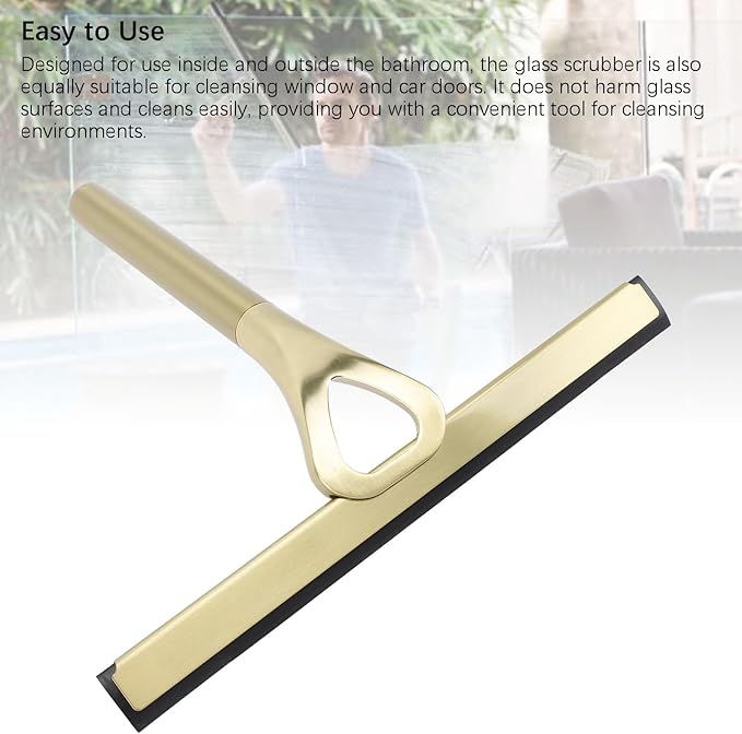 Shower Squeegee for Glass Doors, 304 Stainless Steel Silicone Window Squeegee Bathroom Cleaner Tool Shower Glass Squeegee Shower Door with Hooks for Window Cleaning (Gold)