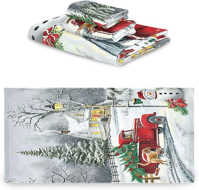 Pfrewn Red Xmas Tree Truck Winter Snowflake Dog Towels Set of 3 Christmas Winter Bathroom Towel Soft Absorbent Bath Hand Towels Washcloth Guest Towel Sets Merry Christmas Xmas Bathroom Decor Gifts