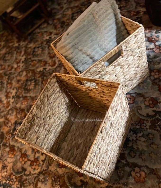 10.5x10.5'' Set of 3 Cube Storage Baskets, Natural Water Hyacinth Multipurpose Collapsible Organizers, Woven Laundry Totes for Laundry, Storage Cubes,Wicker Baskets Laundry Organizer Totes for Home