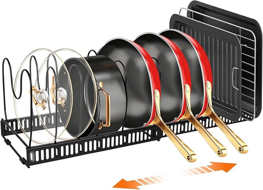 Under Cabinet Pot and Pan Organizer - Expandable (11.8"-22.8") Kitchen Cabinet Storage Rack with 13 Adjustable Dividers for Lids, Cutting Boards & Baking Sheets - Tool-Free Assembly, Black
