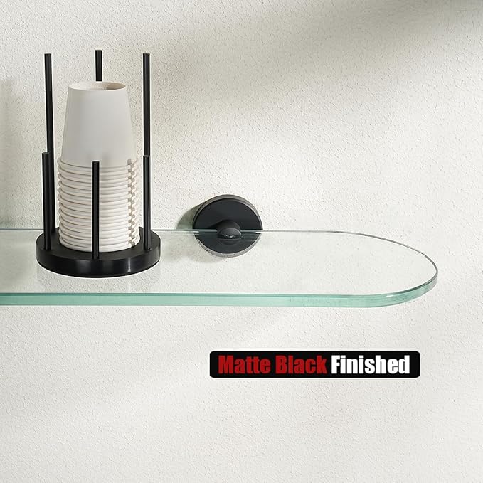 JQK Bathroom Glass Shelf Black, Tempered Glass Shower Storage 20 by 5 inches, 304 Stainless Steel Matte Black Wall Mount, TGS121L20-PB