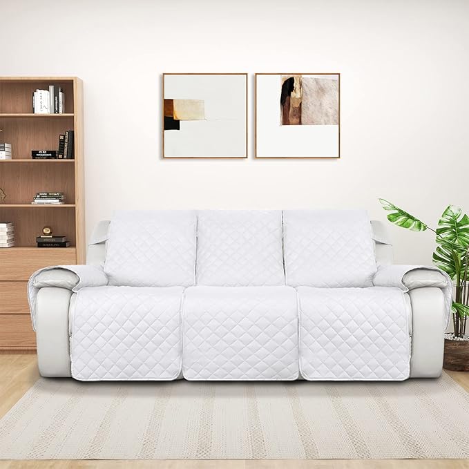 PureFit Water Resistant Reversible Sofa Covers for Reclining Sofa 3 Seat - Non Slip Split Recliner Couch Cover for 3 Cushion Couch, Washable Furniture Protector for Kids, Dogs (3 Seat, White/White)