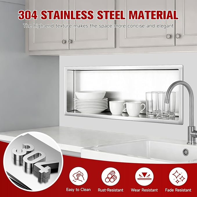 No Tile Needed Shower Niche 13"X 31", Bathroom Wall Niche Single Shelf, Stainless Steel Shower Niche for Bathroom, Kitchens, Balconies