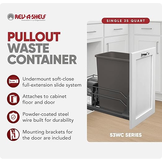 Rev-A-Shelf Pullout Trash Can for Under Kitchen Cabinets 35 Qt. 8.75 Gallon with Soft-Close Slides and Rear Storage, Orion Gray, 53WC-1535SCDM-113