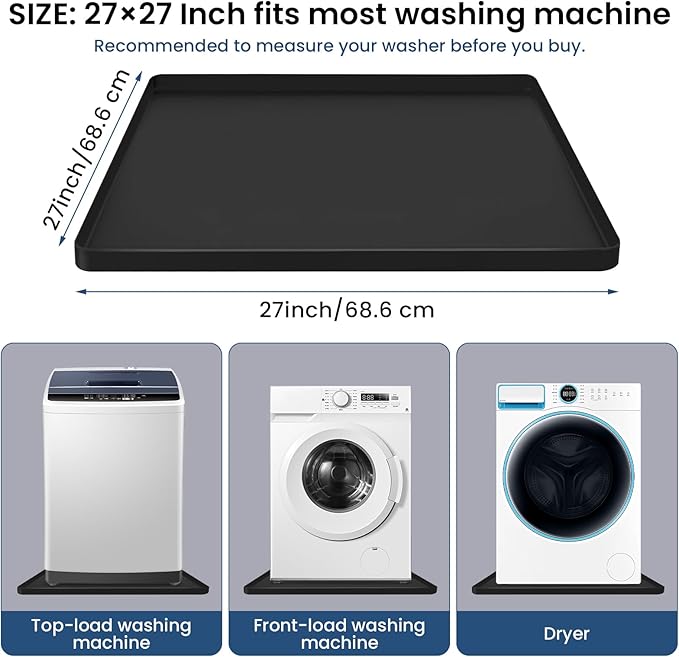2-Pack Silicone Washing Machine Drip Pan - 27X27 inch Washing Machine Tray with Raised Edge, Non-Slip Trays for under Washer and Dryer, Washer Tray for Floor Protection, Washer Drain Pan (Black)