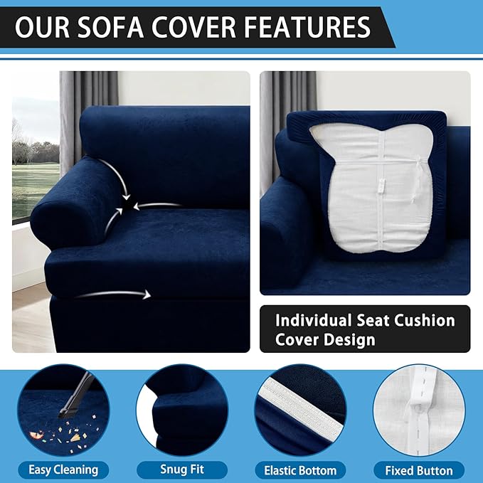 4-Piece T Couch Cover - Leather Look Slipcovers for 3 Cushion Sofa, Washable, Navy