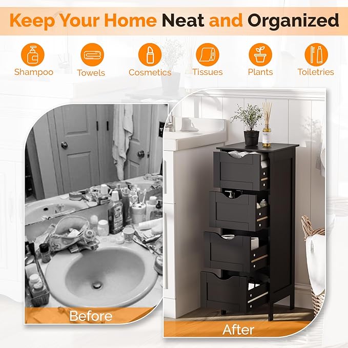 VINGLI Black Bathroom Storage Cabinet with 4 Drawers, Slim Freestanding Floor Cabinet for Small Spaces, Narrow Side Organizer Storage Unit for Restroom, Living Room & Kitchen, Farmhouse Style