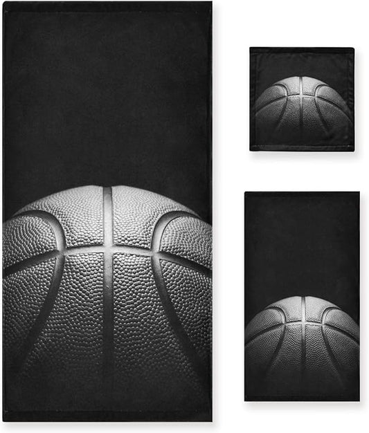 3 Piece Black Grey Basketball Bath Towels Set,Microfiber Absorbent Vintage Sport Themed Ball Print Towels for Bathroom,1 Bath Towel,1 Hand Towel,1 Washcloth,Decorative Guest Bathroom Towels