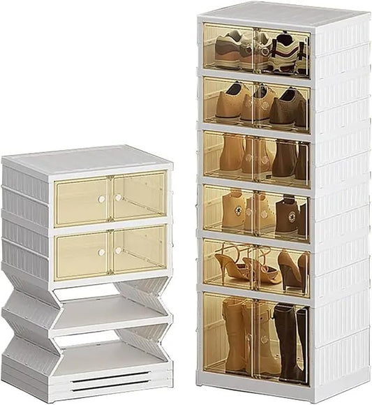 2PCS 6 Tier Easy Assembly Collapsible Shoe Cabinet Foldable Shoe Organizer Stackable Shoe Storage Box with Clear Door for Front Door Entrance