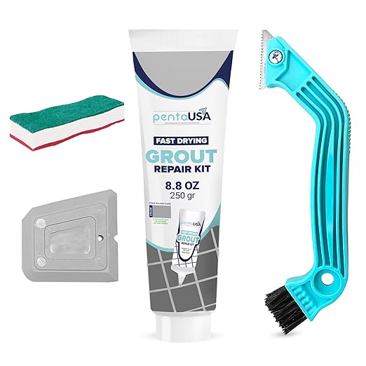 Pentausa Premixed Acrylic Sanded Tile Grout Repair Kit - Ready to Use Grout Renew Filler for Bathroom, Shower, & Kitchen Tile with Grout Removal Tool, Applicator & Sponge, (8.8 Oz - 250gr) (Grey)