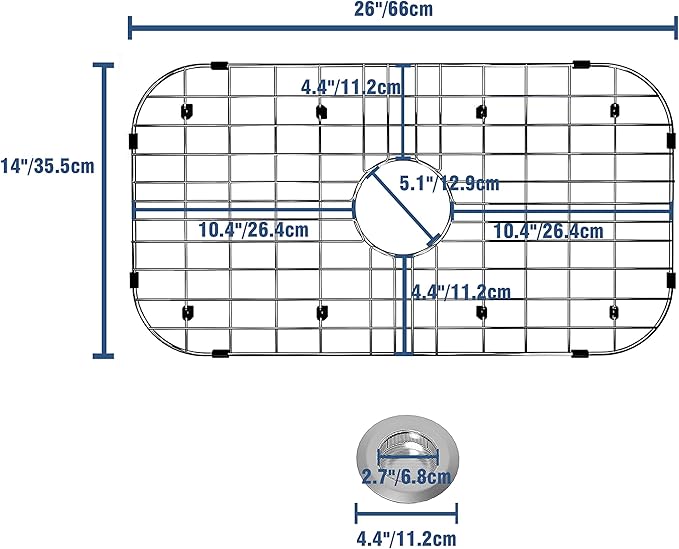 Kitchen Sink Grid 26" x 14", Sink Protectors for Kitchen Sink with Center Drain, Sink Bottom Grid, Stainless Steel Sink Protector, Sink Grate for Bottom of Kitchen Sink (26" x 14" - Center Drain)