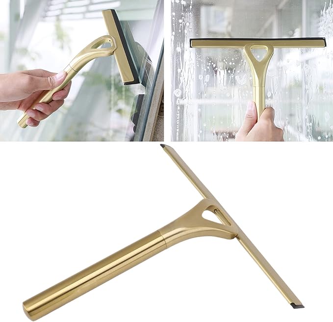 Shower Squeegee for Glass Doors with Adhesive Hook Gold Window Squeegee Rubber Scraper for Bathroom, Window, Mirror, Car Glass, Tile Wall