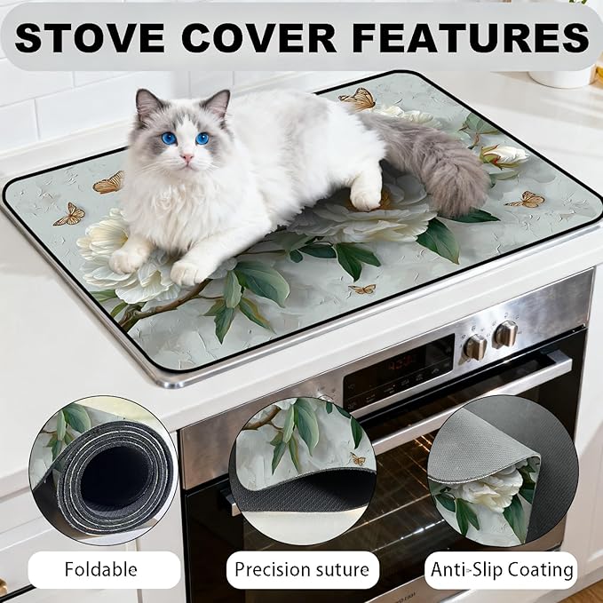 Glass Stove Top Covers for Electric Stove, Heat Resistant Counter Protector Mat, Non Slip Waterproof Surface Cover for Kitchen Counter and Cooktop (White Peonies, 28"L x 20"W)