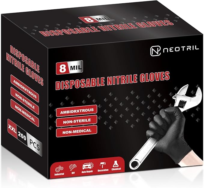 8 Mil Heavy Duty Disposable Nitrile Gloves with Diamond Texture Grip Rubber Gloves Latex & Powder Free