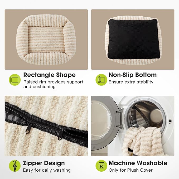 MIXJOY Dog Bed for Medium Sized Dogs, Washable Medium Dog Beds with Removable Cover, Rectangle Pet Beds with Non-Slip Bottom, Warming Calming Dogs Cuddler, 25"x21"x7", White