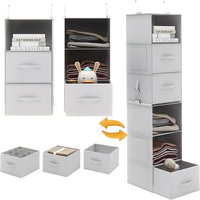 Twira 6-Shelf Hanging Closet Organizer, 2 Separable 3-Shelf Hanging Shelves, Hanging Storage with 3 Removable Drawers 4 Side Pockets, Storage Organizer for Closet, Nursery (Light Grey)