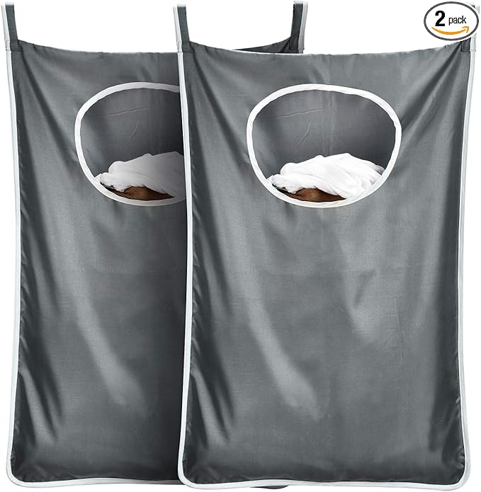 Durable hanging laundry hamper bag Behind door Space Saving with Stainless Steel Hooks Zip, For Bathroom,Kids room,Travel,College Dorm,2pack(Extra Large-Dark Grey)