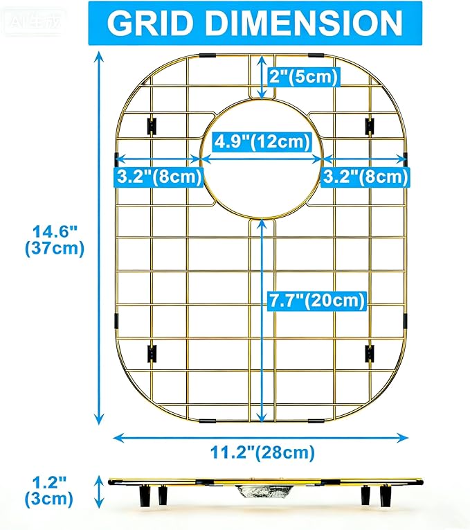 SANNO Gold Kitchen Sink Protectors Gird Sink Rack, 14.57" L X 11.2" W Bottom Grid with Rear Drain Hole for Double Sink, Stainless Steel, 2 Pack