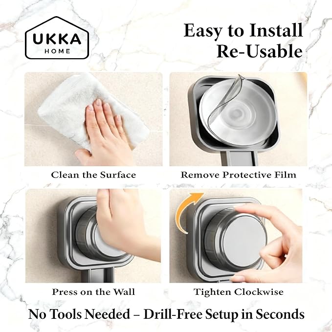 Suction Cup Hair Dryer Storage Organizer with Shelf & Hooks for Bathroom. Reusable, ABS Plastic, Rustproof, Wall Mounted. No Drill, No Glue, Nail Free (Gray, Standard)