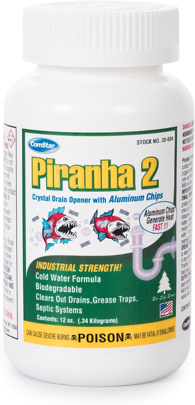 ComStar Piranha II,1 Pound, Industrial Drain Opener, Powerful Formula with Aluminum Chips for Extra Heat, Instantly Dissolves Grease & Hair, Safe for Metal & Plastic Pipes (30-604)