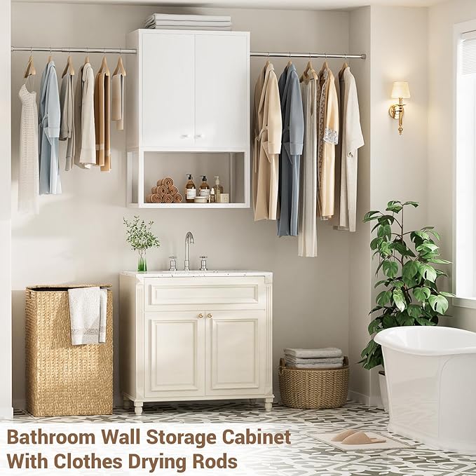 Homieasy Wall Cabinet with 2 Hanging Rods, 67'' Wide Laundry Wall Cabinet with 2 Doors, Open Rack & Adjustable Inner Shelf, Storage Cabinet Wall Mounted for Laundry & Bathroom, White