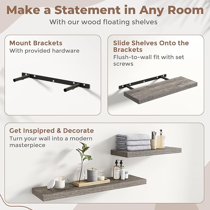 36 Inch Floating Shelves for Wall Set of 2, 8"D Wood Grain Bathroom Shelves with Invisible Brackets, Easy Install Engineered Wood Storage Shelves for Kitchen, Living Room, Bedroom, Grey Oak Finish