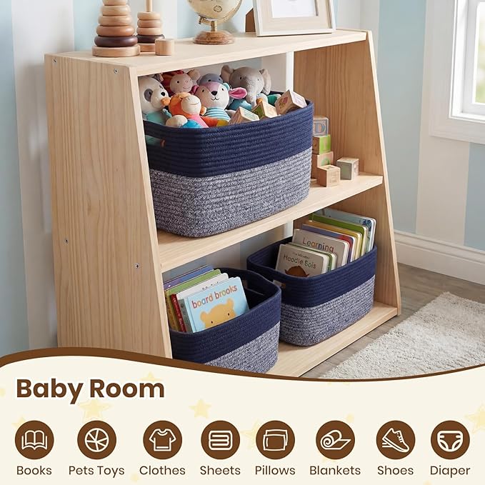 Storage Baskets for Organizing, 14 x 10 x 9” Closet Shelf Woven Baskets, Square Bins with Handles, Cotton Rope Basket for Toys, Clothes, Office, Room, Grey+Blue 3 Pack
