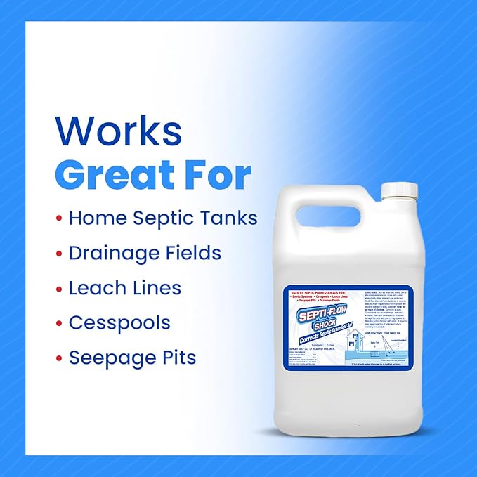 Septi-Flow Shock | Septic Drainfield Repair Solution, Clears Leach Fields, Dissolves Hardened Deadpan Soil, Complete Treatment, One Gallon - 128 Fl Oz (Pack of 4) - Drain Field Treatment