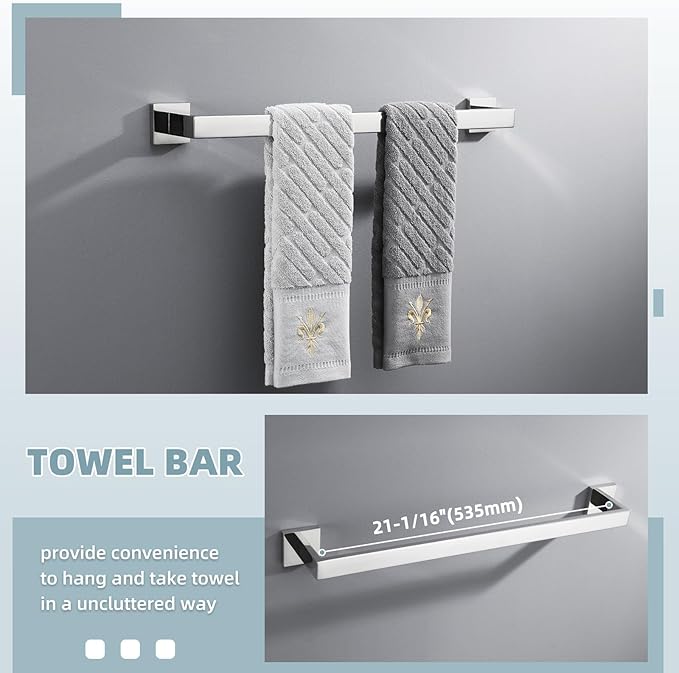 Bathroom Hardware Set 4-Piece, Angle Simple SUS304 Stainless Steel Bath Accessory Kit, Bathroom Fixture Set with Robe Hook, Toilet Paper Holder, Towel Holder and Towel Bar Polished Chrome