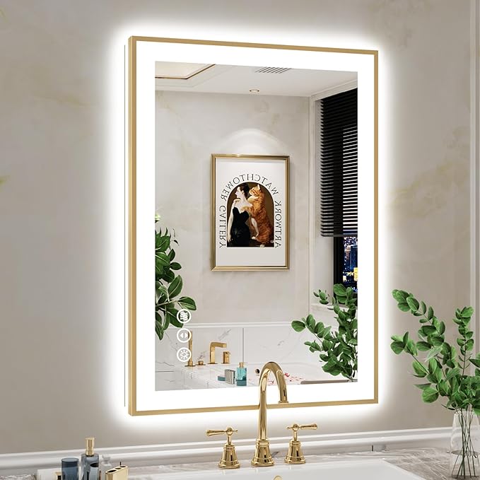 24x36 Inch LED Bathroom Mirror with Lights (Front Lit and Backlit) Gold Framed Lighted Vanity Mirror for Bathroom Wall Dimmable Anti-Fog Memory Tempered Glass Horizontal/Vertical