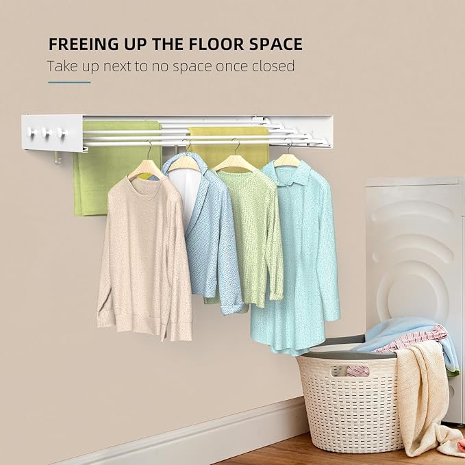 Drying Rack Clothing,Clothes Drying Rack Wall Mounted,Laundry Drying Rack Wall Mount,Foldable,Collapsible,60 lb Capacity 5 Aluminium Poles with 6 Hooks (White, 31.5" Upgrade)