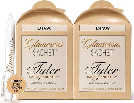 Tyler Diva Glamorous Sachet, Reusable Dryer Sheets, Luxury Home Fragrance Collection, 8 Count with Olivi Stain Remover Pen, 2 Pack Bundle