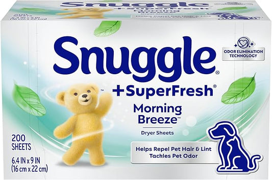 Snuggle SuperFresh Fabric Softener Dryer Sheets, 200 Count, Morning Breeze, Long-Lasting Fresh & Clean Scent, Tackles Pet Odor, Helps Repel Pet Hair, Reduces Static & Fights Wrinkles, HE Safe