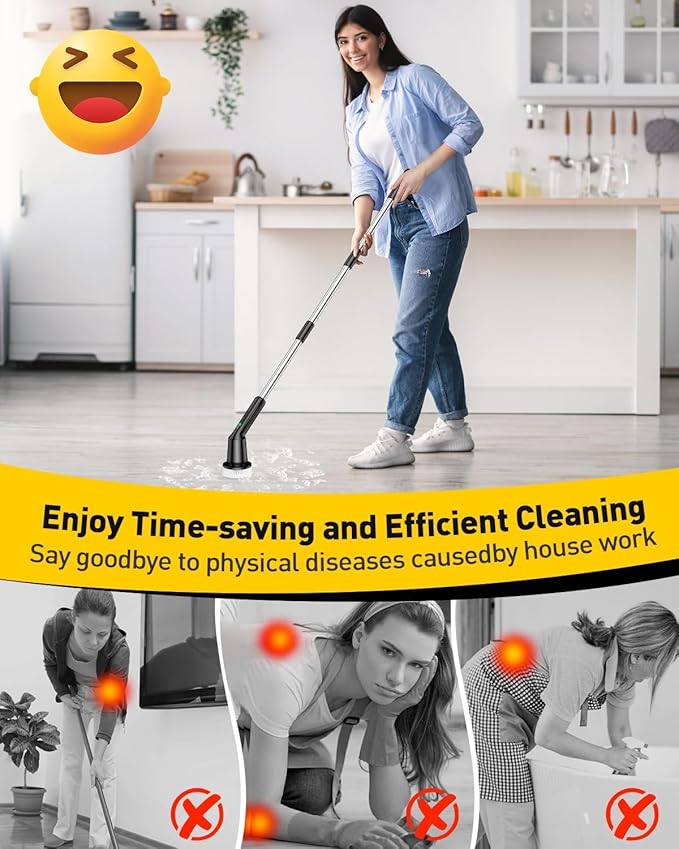Electric Spin Scrubber,Cordless Shower Cleaning Brush IPX7 Waterproof with 3 Replaceable Brush Heads, Adjustable Extension Handle and Power Dual Speed,Power Scrubber for Bathroom Tub Tile Floor Car 5