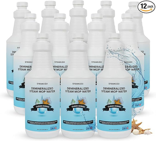 Steam & Go Demineralized Water - Multi-Surface Cleaner, PVC-Free Ready-to-Use for Mops & Floor Steamers - Ideal for Kitchen, Bathroom, & Home Surfaces - Clean Ocean Scent - 32oz (Pack of 12)