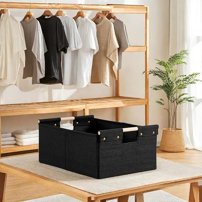 2PCS Storage Bins Cotton Linen Fabric Storage Boxes Basket with Wooden Handles Foldable Washable Decorative Shelf Container Closet Clothes Organizer Home Laundry (Medium Size, Black)
